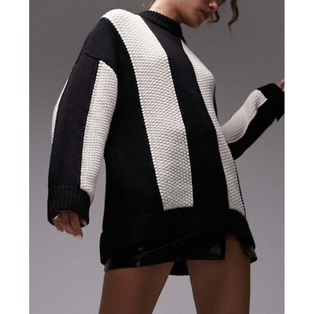 Topshop Women Oversized Crew Neck Sweater Black White Striped Chunky Cabin 8-10